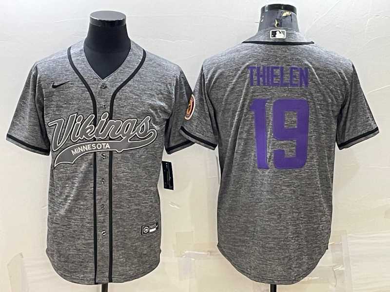 Mens Minnesota Vikings #19 Adam Thielen Grey Gridiron With Patch Cool Base Stitched Baseball Jersey->minnesota vikings->NFL Jersey